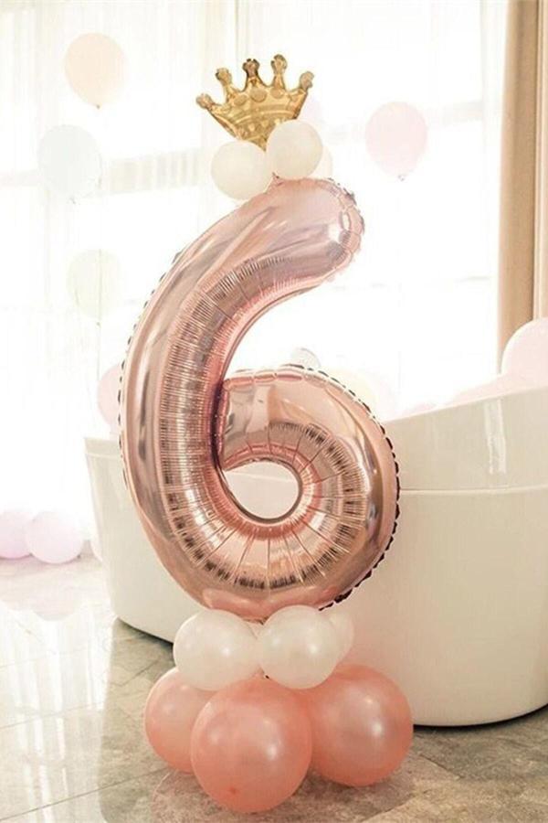 Parti Station Rakam Balon Karşılama Seti 6 Yaş Rose Gold Rakam Balon Altın Kral Taçlı 6 Rakamlı Balon - Image 1