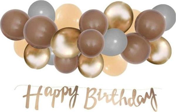 Parti Station Rosegold Renk Kaligrafi Happy Birthday Banner Ve Balon Set Kahveengi Rosegold Krem Lateks Balon Set - Image 1
