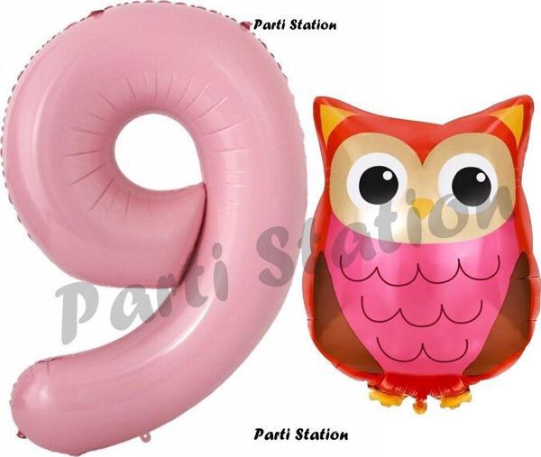 Parti Station Woodland Baykuş Konsept 9 Yaş Balon Set Sevimli Baykuş Owl Ve Pembe Rakam Balon Doğum Günü Balon Set - Image 1