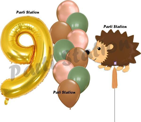 Parti Station Woodland Kirpi Balon 9 Yaş Balon Set Kirpi Balon Ve Gold Rakam Balon Demeti Doğum Günü Seti - Image 1