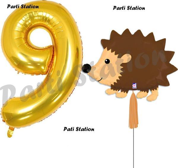 Parti Station Woodland Kirpi Balon 9 Yaş Balon Set Kirpi Balon Ve Gold Rakam Balon Doğum Günü Seti - Image 1