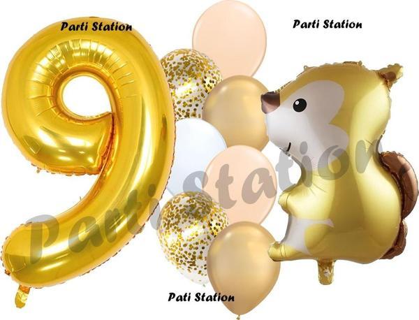 Parti Station Woodland Sincap Balon 9 Yaş Balon Set Sincap Balon Ve Gold Rakam Balon Demeti Doğum Günü Seti - Image 1