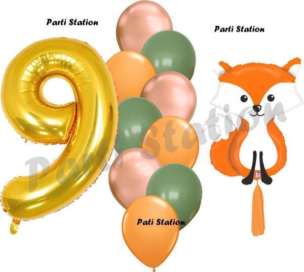 Parti Station Woodland Tilki Balon 9 Yaş Balon Set Sevimli Tilki Balon Ve Gold Rakam Balon Demeti Doğum Günü Seti - Image 1