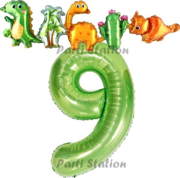 Parti Station Yeşil Renk Rakam Balonlu Dinozor 9 Yaş Doğum Günü Parti Yapışık Balon Set Dinozor Tema Parti Set - Image 1
