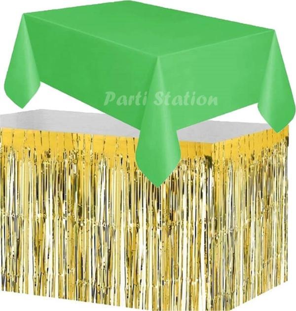Parti Station Masa Örtüsü Ve Masa Eteği Set Plastik Yeşil Renk Masa Örtüsü Altın Gold Renk Metalize Masa Eteği Set - Image 1