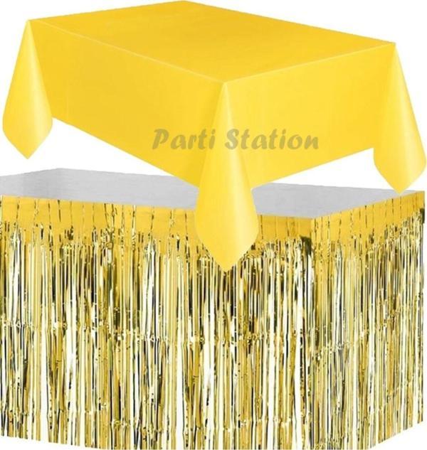 Parti Station Masa Örtüsü Ve Etek Set Plastik Sarı Renk Masa Örtüsü Altın Gold Renk Metalize Sarkıt Masa Eteği Set - Image 1