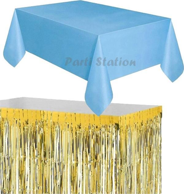 Parti Station Masa Örtüsü Ve Etek Set Plastik Mavi Renk Masa Örtüsü Altın Gold Renk Metalize Sarkıt Masa Eteği Set - Image 1