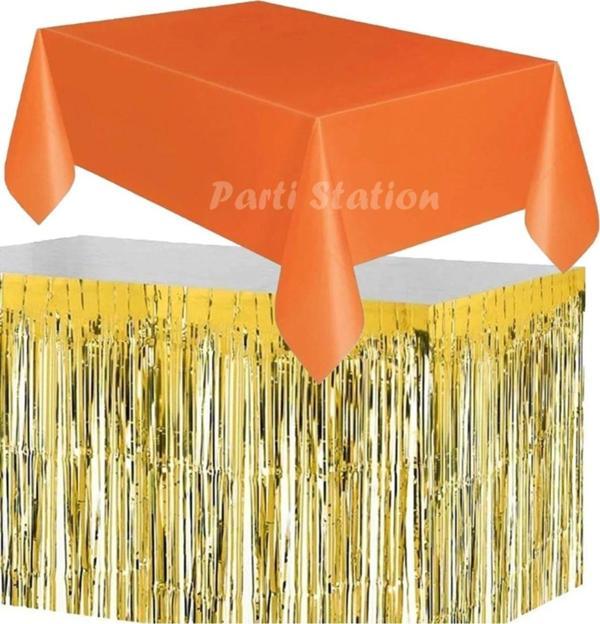 Parti Station Masa Örtüsü Ve Eteği Set Plastik Turuncu Renk Masa Örtüsü Gold Altın Renk Metalize Masa Eteği Set - Image 1