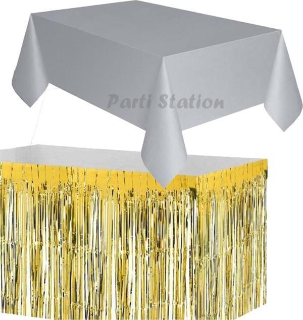 Parti Station Masa Örtüsü Ve Eteği Set Plastik Gri Renk Masa Örtüsü Altın Gold Renk Metalize Sarkıt Masa Eteği Set - Image 1