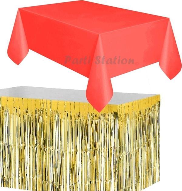 Parti Station Masa Örtüsü Set Plastik Kırmızı Renk Masa Örtüsü Altın Gold Renk Metalize Sarkıt Masa Eteği Set - Image 1