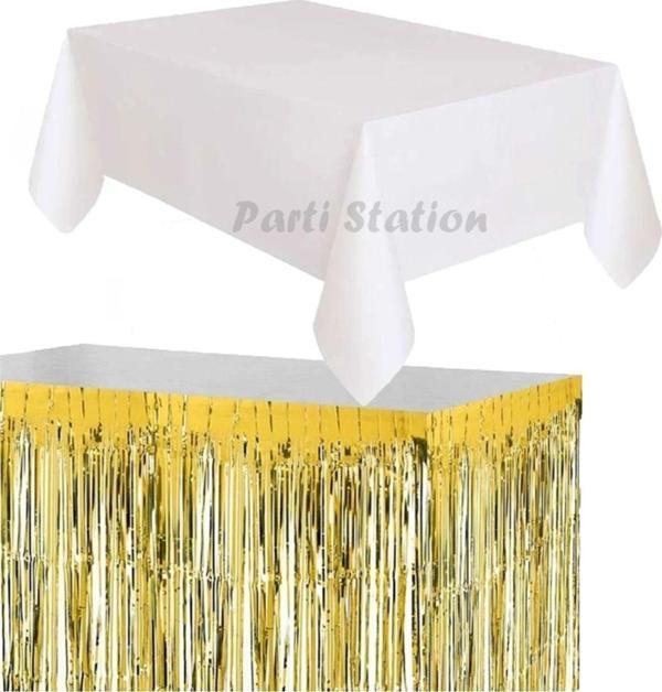 Parti Station Masa Örtüsü Masa Eteği Plastik Beyaz Renk Masa Örtüsü Altın Gold Renk Metalize Sarkıt Masa Eteği Set - Image 1