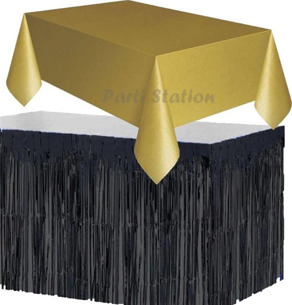 Parti Station Masa Örtüsü Masa Eteği Plastik Altın Gold Renk Masa Örtüsü Siyah Renk Metalize Sarkıt Masa Eteği Set - Image 1