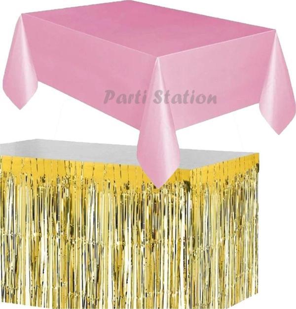 Parti Station Masa Örtüsü Etek Set Plastik Pembe Renk Masa Örtüsü Altın Gold Renk Metalize Sarkıt Masa Eteği Set - Image 1