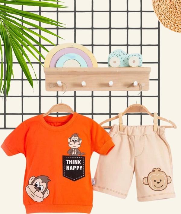 3-18 Ay Erkek Bebek Alt&Üst Takımı Maymun 2li Turuncu - Image 1