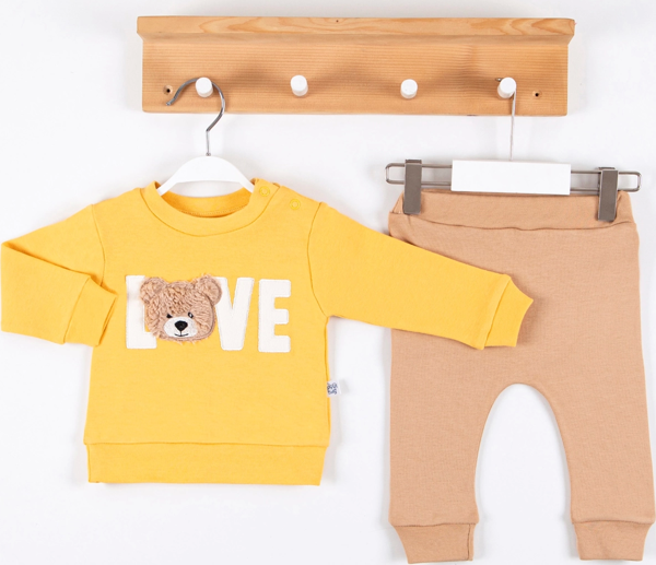 3-12 Ay Erkek Bebek Takımı Bear Love Nakışlı 2'li Sarı - Image 1