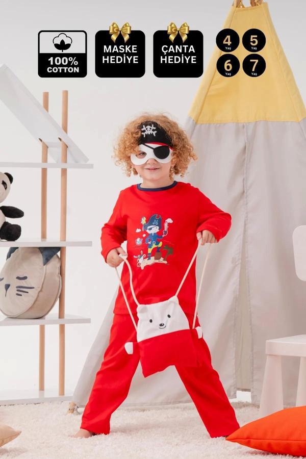 4-7 Yaş Korsan Çanta Ve Maskeli Erkek Çocuk Pijama Takımı Kırmızı - Image 1