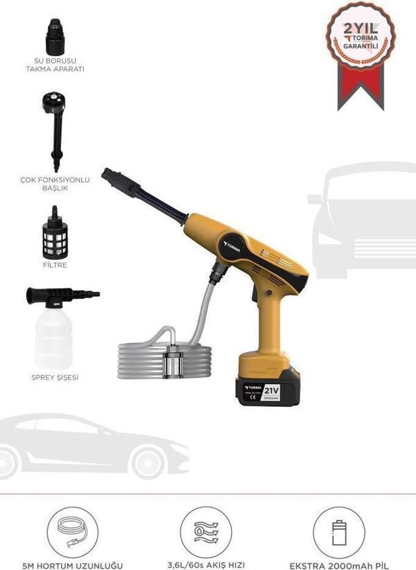 Torima D-015 Sarı Akülü Şarjlı Yüksek Basınçlı Oto Araba Bahçe Yıkama,Temizleme Su Tabancası - Image 1