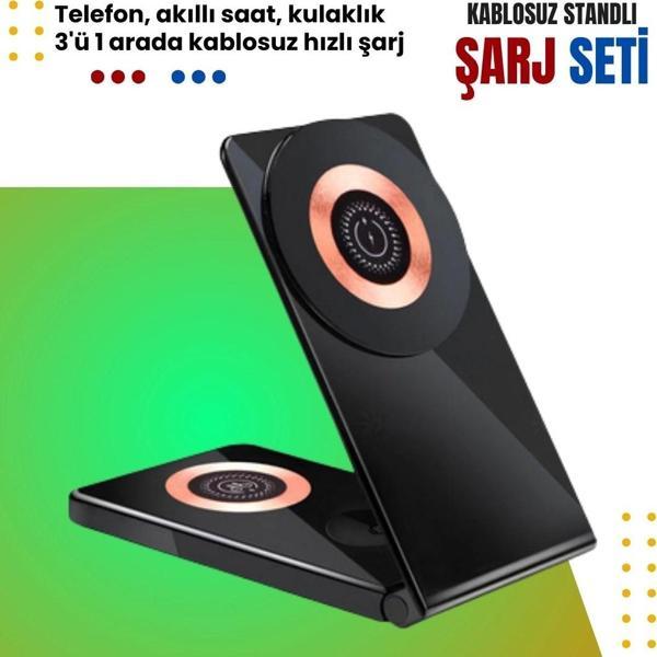 Phixi MS10 3-in-1 Magnetic Wireless Standlı Şarj Seti - Akıllı Saat, Kulaklık ve Telefon - Image 1