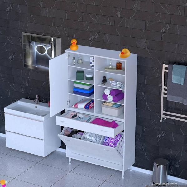Modilayn AFRA 95x173x32,5cm 1 Çekmece, 3 Göz Sepet, 1 Kapak, 8 Raf Dar Alan Banyo Dolabı - Image 1