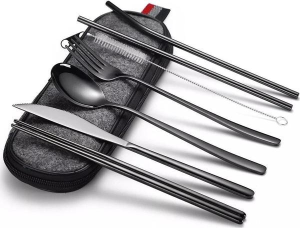 Valkyrie 8 Parça Çantalı Yolculuk Çatal Bıçak Kaşık Pipet Chopstick Seti Kamp Okul Ofis Tatil Paslanmaz Çelik Siyah - Image 1