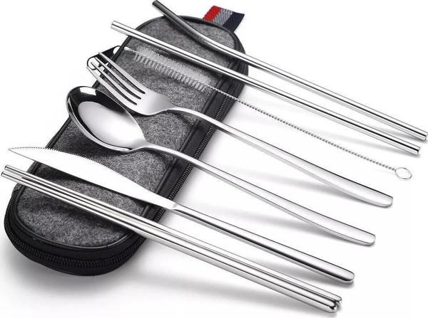 Valkyrie 8 Parça Çantalı Yolculuk Çatal Bıçak Kaşık Pipet Chopstick Seti Kamp Okul Ofis Tatil Paslanmaz Çelik Metal - Image 1