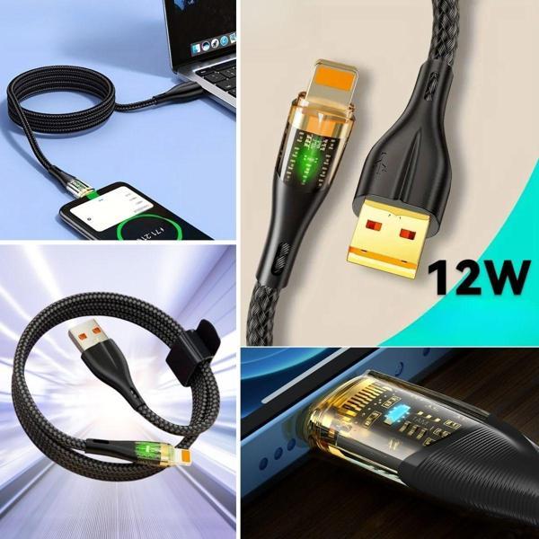 BUFFER® Led Işık Uçlu Sağlam İp Kablolu USB to Lightning Hızlı Şarj Kablosu - Image 1
