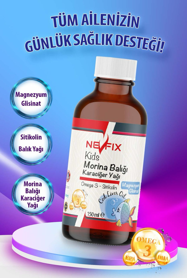 Magnezyum Glisinat Omega 3 Cod Liver Oil 150 Ml Çinko Sitikolin Folik Asit Vitamin D3 - Image 1