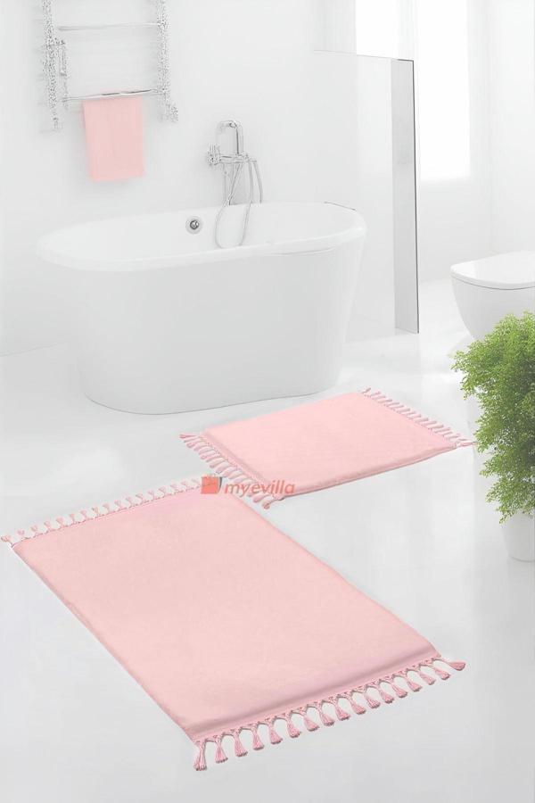 Simirna Ponpon Saçaklı Peluş Yıkanabilir Kaymaz Banyo Paspası 2'li Klozet Takımı Pembe - Image 1