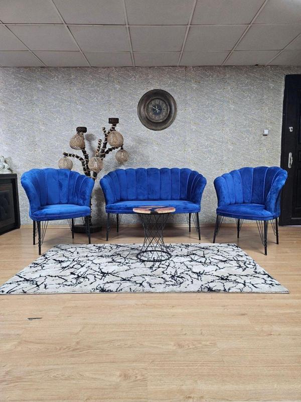 Siyah  Boyalı Tel Ayak Papatya Çay Seti Koltuk Takımı , Balkon, Salon, Ofis, Cafe Koltuk Takımı MAVİ Renk Tek Ebat Beden - Image 1