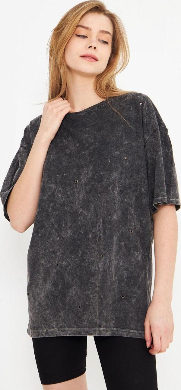 Evelora Siyah-Gri Vintage Yıkama Detaylı Oversize Kadın Tshirt Siyah Standart - Image 1