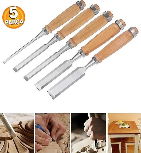 Depolife Ahşap Keski Seti 5Li Iskarpela Keskin Vanadiyum Çelik Ahşap Oyma Alet Takımı Ahşap Saplı Ergonomik - Image 1