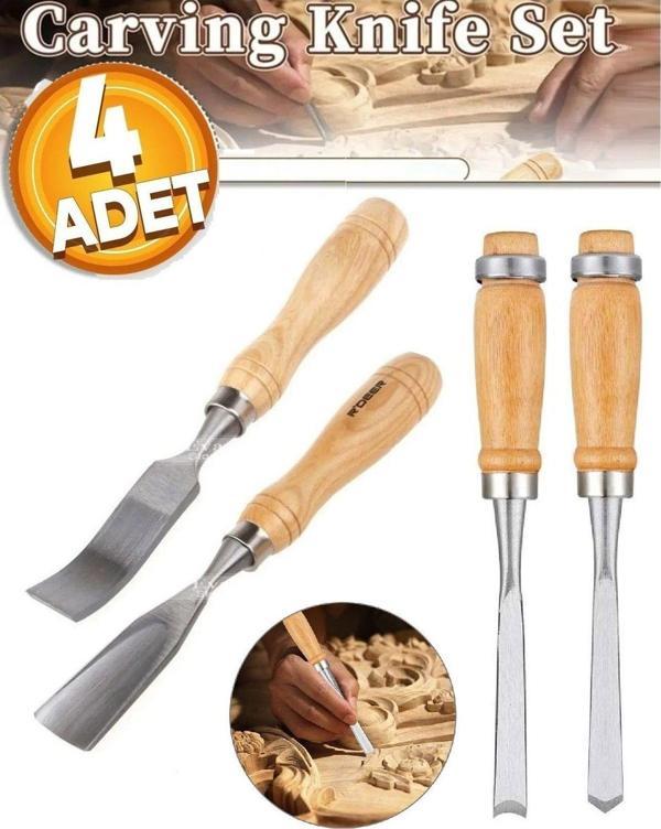 Depolife Ahşap Oyma İskarpela Kıvrık Alet Seti Oval Düz Bükey Oyma Yontma 4 Lü Bıçak Seti Kuksa Kaşık Tas - Image 1