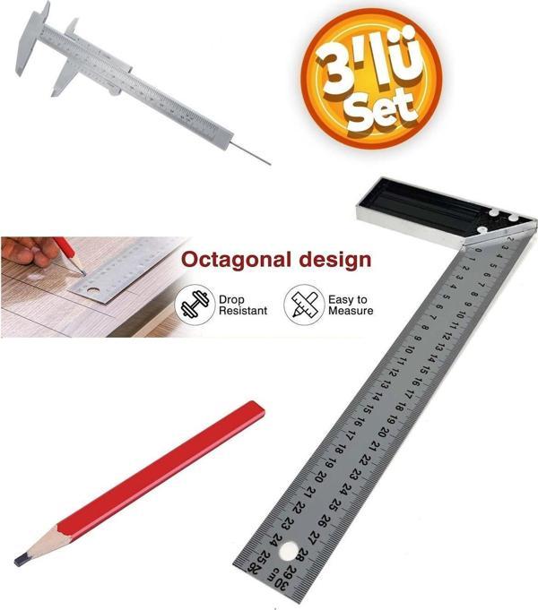 Depolife Ayarlı Gönye (45-90 Derece) Sürgülü Kumpas Ve Marangoz Kalemi Seti - Image 1