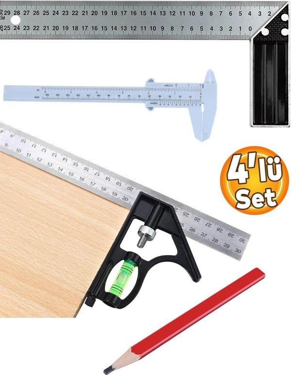 Depolife Kombine Su Terazili Ayarlı Gönye Kumpas Marangoz Mühendis Cizim Seti 45 90 Derece - Image 1