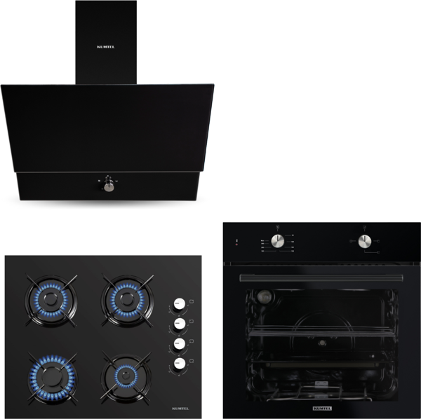 Kumtel Home Siyah Cam Ankastre Set (DA6-830 Davlumbaz + KO-40 TAHDf Ocak + B66-S2 Fırın) - Image 1