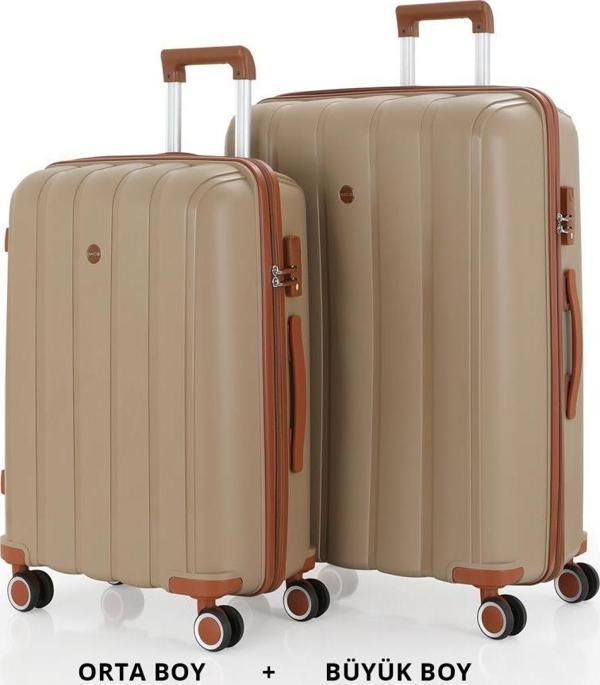 MÇS Bavul Büyük ve Orta 2li Set Kırılmaz Silikon Valiz V305 Şamp/Kahve - Image 1