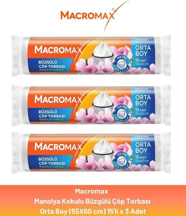 Macromax Büzgülü Manolya Çöp Torbası Orta Boy 15'li x 3 Adet - Image 1