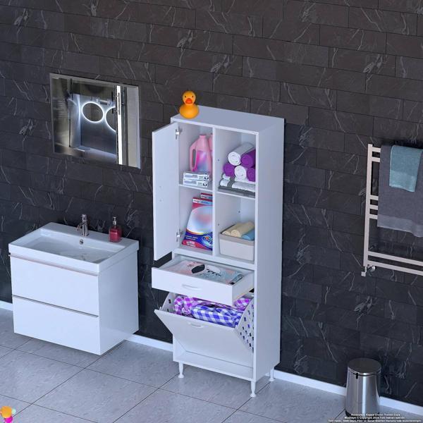 Modilayn AFRA 60x173x32,5cm 1 Çekmece, 1 Göz Sepet, 1 Kapak, 6 Raf Dar Alan Banyo Dolabı - Image 1