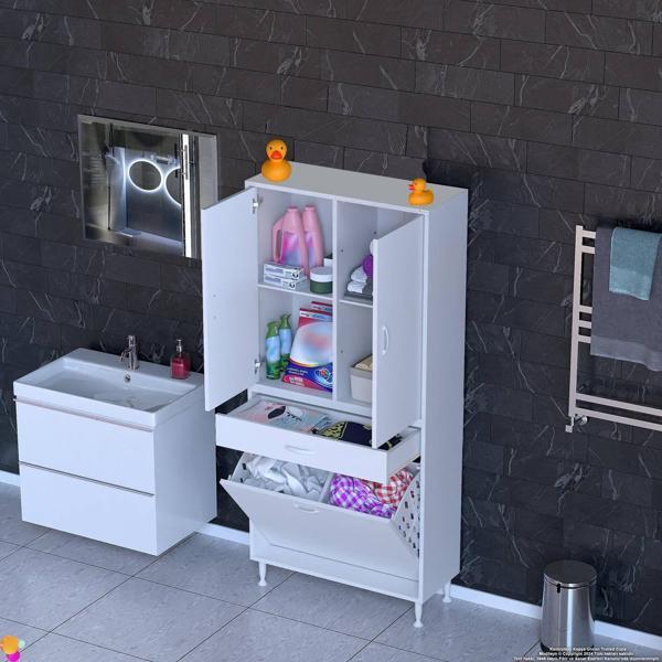 Modilayn YENİ AFRA 70x173x32,5 cm' lik 1 Çekmece, 2 Göz Sepet, 2 Kapak, 4 Raf Dar Alan Banyo Dolabı - Image 1