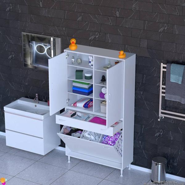 Modilayn YENİ AFRA 90x173x32,5 cm' lik 1 Çekmece, 3 Göz Sepet, 2 Kapak, 8 Raf Dar Alan Banyo Dolabı - Image 1