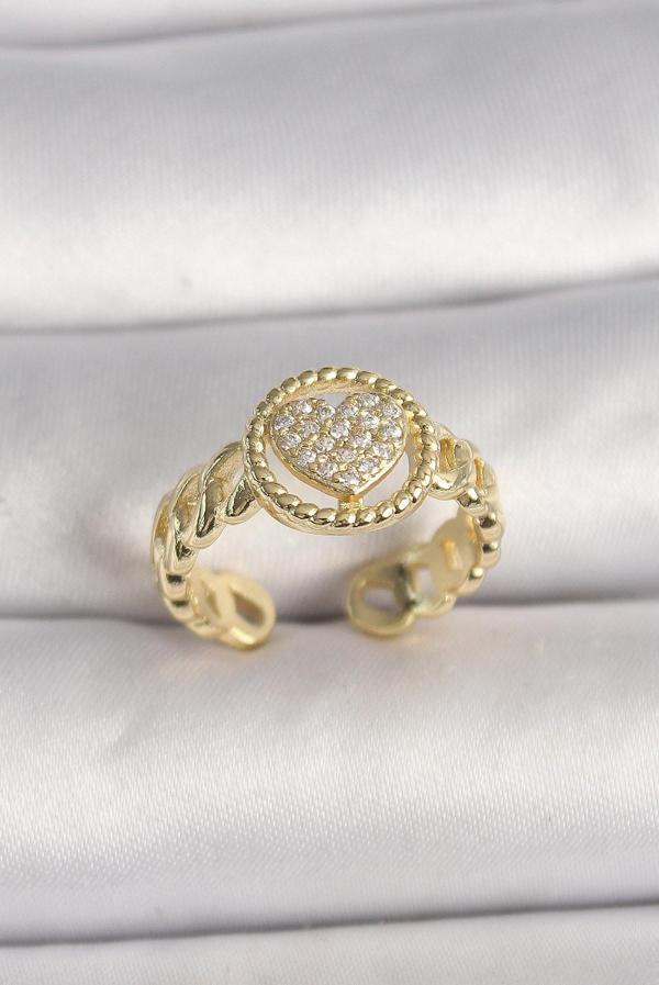 Pirinç Gold Renk Ayarlanabilir Zirkon Taşlı Kalp Model Kadın Yüzük - EBJ250207W31152 - Image 1