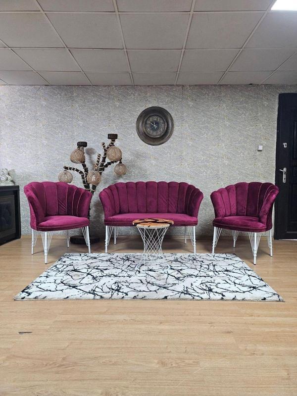 Beyaz Boyalı Tel Ayak Papatya Çay Seti Koltuk Takımı , Balkon, Salon, Ofis, Cafe Koltuk Takımı BORDO Renk Tek Ebat Beden - Image 1