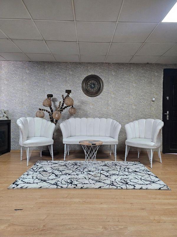 Beyaz Boyalı Tel Ayak Papatya Çay Seti Koltuk Takımı , Balkon, Salon, Ofis, Cafe Koltuk Takımı KREM Renk Tek Ebat Beden - Image 1
