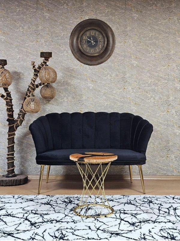 İkili Papatya Çay Seti Koltuk  Gold Sivriltme Ayak, Balkon, Salon, Ofis, Koltuk Takımı, İkili Berjer SİYAH Renk Tek Ebat Beden - Image 1