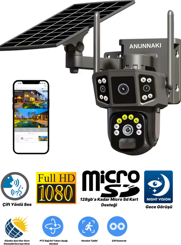 Solar Kamera Güneş Enerjili 1080p Full HD Çift Kameralı Extra Led Alarm Ses Akıllı Güvenlik Kamerası - Image 1