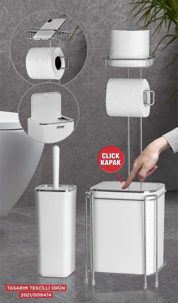 Krom Yedekli Wc Kağıtlık - Beyaz Çöp Kovası Ve Wc Fırça Seti - Image 1