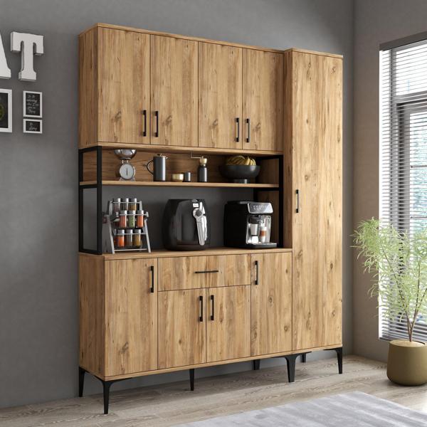 Tanmob MDL0502 Alt Üst Tek Kapılı Çok Amaçlı Dolap 8 Kapaklı Çekmeceli Raflı Çam - Image 1
