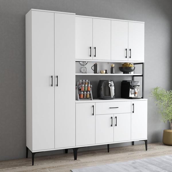 Tanmob MDL0601 Alt Üst Çift Kapılı Çok Amaçlı Dolap 8 Kapaklı Çekmeceli Raflı Beyaz - Image 1