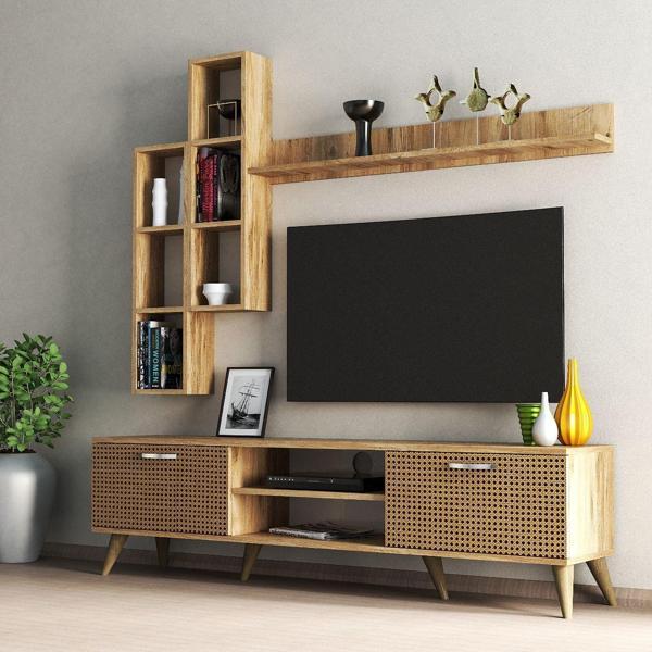 Mega 180 lik Kitaplıklı Raflı Tv Ünitesi Çam Hazeran Kapaklı - TVU0304 - Image 1