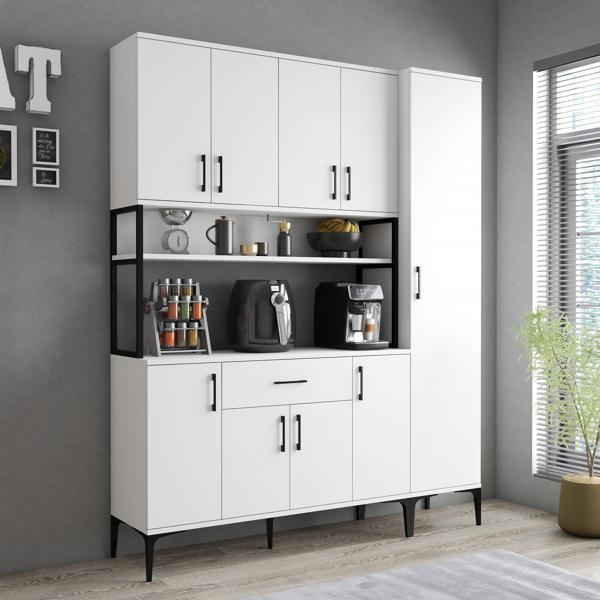 Tanmob MDL0501 Alt Üst Tek Kapılı Çok Amaçlı Dolap 8 Kapaklı Çekmeceli Raflı Beyaz - Image 1